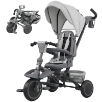 AIYAPLAY Dziecięcy rower trójkołowy, 6w1 Buggy dla małych dzieci, z rączką, regulowanym siedziskiem, składanym designem, siatką bezpieczeństwa, szary(m-10)