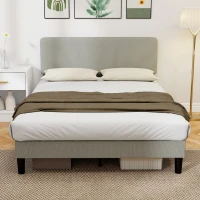 HOMCOM Cadre de lit 140 x 190 cm, sommier à lattes en bois, tête de lit réglable, lit double rembourré en velours côtelé, gris(m-9)