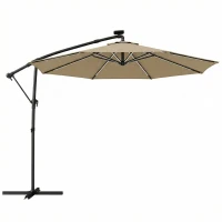 Outsunny 3 m Garden Cantilever Parasol with LED Solar Light, Round Overhanging Umbrella with 360° Rotation, Cover, Khaki(m-1)