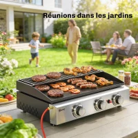 Outsunny Plancha Gaz en Inox, 3 Brûleurs, Barbecue à Gaz avec Plaque Émaillée et Grille de Réchauffage, 7,5 kW, 62x44x21cm, Noir(m-9)