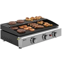Outsunny Plancha Gaz en Inox, 3 Brûleurs, Barbecue à Gaz avec Plaque Émaillée et Grille de Réchauffage, 7,5 kW, 62x44x21cm, Noir(m-11)
