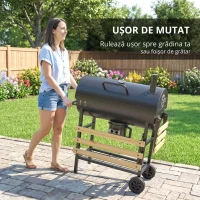 Outsunny Grătar pe cărbuni cu căruț de gătit, etajere pliabile, termometru, roți, rotisor electric, negru(m-6)