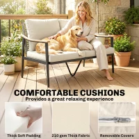 Outsunny 2 Seater Rattan Sofa, Outdoor Garden Sofa with Wood-Effect Armrests, Cushions for Patio, Balcony, Khaki(m-6)