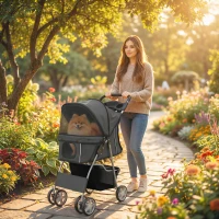 PawHut Dog Pram, Pet Stroller with Reflective Strips, Foldable Cat Stroller with 360° Swivel Wheels, Dark Grey(m-2)