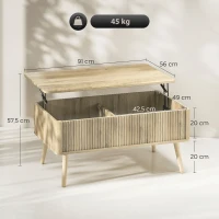 HOMCOM Table basse relevable, table de salon avec 2 compartiments cachés et pieds en pin, 91 x 56 x 43 cm, chêne(m-3)