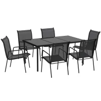 Outsunny Ensemble de jardin 6 pers. 6 chaises empilables table plateau verre trempé 5 mm métal époxy textilène noir(m-13)