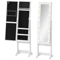 HOMCOM Armadietto Portagioie con Specchio Regolabile e Luci LED Bianco Caldo, 36x30x136 cm(m-1)