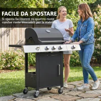 Outsunny Barbecue a Gas con 3 Fuochi e Bruciatore Laterale, 109x50x109 cm, Nero(m-8)