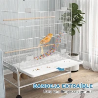 PawHut Jaula para Pájaros con Ruedas Bandeja Extraíble Puertas Comederos Perchas y Estante Inferior 79x49x133 cm Blanco(m-6)