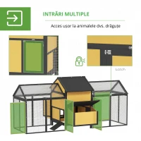 PawHut Adăpost pentru păsări, 2 țarcuri exterioare, 1 cuib, 2 rampe, rezistent la intemperii, galben.(m-7)