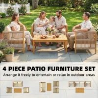 Outsunny Tuinmeubelset Hout Zitgroep voor 4 Personen met 2-zitsbank 2 Fauteuils Tafel Touwdecor Lattenstructuur Wasbare Kussens(m-4)