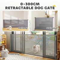 PawHut Retractable Dog Gate, Extends to 300 cm Wide & 104 cm Tall, Mesh Pet Gate Single Hand Operation, for Stairs Doorways(m-4)