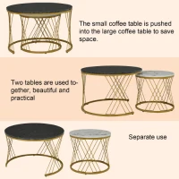 Set of 2 Modern Nesting Marble Coffee Tables with Metal Frame, Space-Saving Design, 70x70x45 cm and 44.5x44.5x38 cm, Grey(m-10)