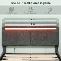 HOMCOM Lit coffre 140 x 190 cm avec éclairage LED, tête de lit réglable, cadre de lit double, sommier à lattes en bois, gris(m-6)