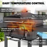 Outsunny Grill węglowy BBQ Smoker z pokrywą, termometrem, regulowaną tacą na węgiel, rusztem, bocznym stołem i szufladą na popiół(m-6)