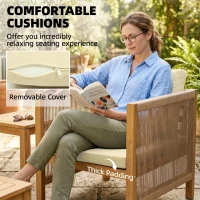 Outsunny Tuinmeubelset Hout Zitgroep voor 4 Personen met 2-zitsbank 2 Fauteuils Tafel Touwdecor Lattenstructuur Wasbare Kussens(m-6)