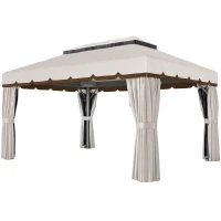 Outsunny Cenador de Jardín 4x3m Pabellón de Jardín Gazebo con Doble Techo 4 Cortinas y Mosquitera Marco de Aluminio UPF50+ Crema(m-11)