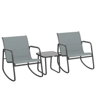 Outsunny Conjunto de Jardín de 3 Piezas con 2 Sillas Mecedoras Mesa con Encimera de Vidrio y Estructura de Acero para Patio Gris(m-1)