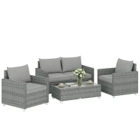 Outsunny 4 Piece Rattan Garden Furniture Set with Loveseat, 2 Armchairs, Glass-Top Table, Wicker Patio Conversation Set, Grey(m-10)