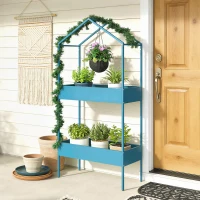 Outsunny Étagère à Plantes 2 Niveaux, Support de Plantes en Métal avec Crochet, Porte-Pots en Forme de Maison, Bleu-Vert(m-9)