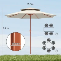 Outsunny 2.7 m Garden Parasol with Double Top Outdoor Market Table Umbrella with Crank System, Cream White(m-3)