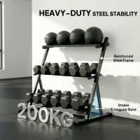 SPORTNOW Regulowany Trójpoziomowy Stojak na Hantle Max. 200 kg Antypoślizgowy Stojak na Krótkie Hantle z Regulowanymi Poprzeczkami(m-6)