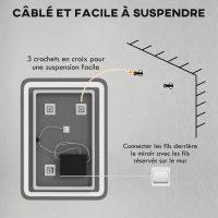 HOMCOM Miroir de salle de bain rectangulaire LED fonction anti-buée luminosité réglable fonction mémoire 70 x 50 cm argent(m-9)