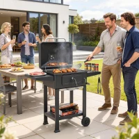 Outsunny Grill węglowy BBQ Smoker z pokrywą, termometrem, regulowaną tacą na węgiel, rusztem, bocznym stołem i szufladą na popiół(m-2)