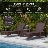 Outsunny Rattan Sun Loungers for Garden Set of 2 with Side Table, Garden Recliner Sunbeds with Adjustable Back, Wheels, Cushions and Headrest, 3 Pieces Garden Furniture Set for Outdoor, Patio, Brown(m-5)