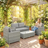 Outsunny 4 Piece Rattan Garden Furniture Set with Loveseat, 2 Armchairs, Glass-Top Table, Wicker Patio Conversation Set, Grey(m-9)