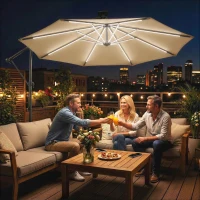 Outsunny 3 m Garden Cantilever Parasol with LED Solar Light, Round Overhanging Umbrella with 360° Rotation, Cover, Khaki(m-2)