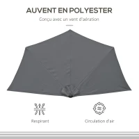 Outsunny Demi parasol parasol de balcon 5 entretoises métal cheminée incluse 2,93 x 1,5 x 2,49 m polyester haute densité gris(m-5)