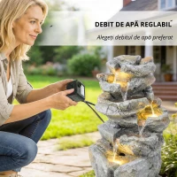 Outsunny Fântână de exterior cu design de rocă în 6 niveluri, cascadă de apă cu lumini LED, debit reglabil, gri(m-7)
