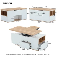 Lift-Top Coffee Table with Storage, 3 Drawers and Adjustable Height, 100x51x47 cm, White & Oak(m-3)