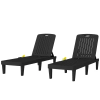 Outsunny Conjunto de 2 Tumbonas Reclinables de Plástico PP con Bandeja Lateral Respaldo Ajustable 5 Niveles 192x57x28,5 cm Negro(m-11)