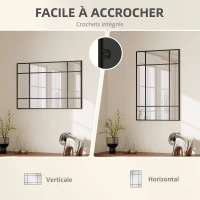 HOMCOM Miroir mural verrière rectangulaire style fenêtre, horizontal ou vertical avec 4 crochets, en métal noir - 90x60 cm(m-5)