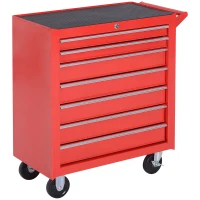 DURHAND Carrello Porta Attrezzi con 7 Cassetti, Tappetini in EVA, Serratura e 2 Chiavi, Ruote con Freno, Maniglia, Rosso(m-1)