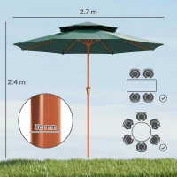 Outsunny 2.7 m Garden Parasol with Double Top Outdoor Market Table Umbrella with Crank System, Green(m-3)