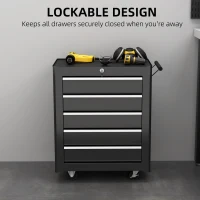 HOMCOM 5-Drawer Tool Chest with Wheels, Steel Lockable Tool Storage Cabinet with Handle, 2 Keys for Garage, Workshop, Black(m-7)