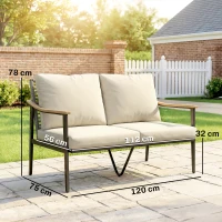 Outsunny 2 Seater Rattan Sofa, Outdoor Garden Sofa with Wood-Effect Armrests, Cushions for Patio, Balcony, Khaki(m-3)