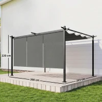 Outsunny Pérgola com Teto Retrátil de 390x293x220 cm Pérgola de Parede ou Independente com Lados Enroláveis Proteção UV30+ Cinzento(m-3)