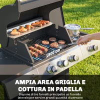 Outsunny Barbecue a Gas con 3 Fuochi e Bruciatore Laterale, 109x50x109 cm, Nero(m-4)