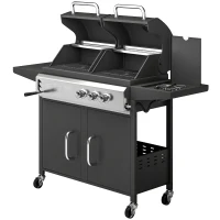 Outsunny 2+1 Burner Hybrid Dual Fuel BBQ Gas Grill, 2-in-1 Propane & Charcoal Barbecue Grill Smoker Combo with Wheels, Black(m-11)