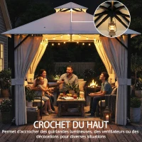 Outsunny Tonnelle de jardin extérieur 3x3m pavillon de jardin, toit double, rideaux, crochets de plafond, cadre en métal, crème(m-7)