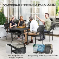 Outsunny Juego de 4 Sillas de Jardín Exterior Apilables con Reposabrazos Respaldo y Marco de Acero 55x60x83 cm Negro(m-6)
