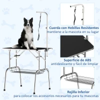PawHut Mesa de Peluquería para Mascotas Mesa de Aseo Plegable con Patas de Acero Inoxidable Estable Aguilón Ajustable Estante de Almacenaje Carga 150 kg 90x60x75 cm Negro(m-7)
