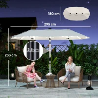 Outsunny 3 m Double-Sided Garden Parasol with LED Solar Lights, Outdoor Extra Large Sun Umbrella with Crank Handle, Cream White(m-3)