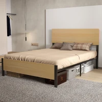 HOMCOM Cadre de lit double en acier avec sommier et tête de lit compatible matelas 140 x 190 cm aspect bois foncé(m-10)