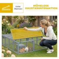 PawHut Freilaufgehege Kaninchenstall aus Holz mit 2 Türen Unterschlupfhaus für 2-4 Zwergkaninchen 180,4 x 150 x 48 cm Grau(m-5)