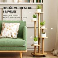 Outsunny Soporte para Plantas de Bambú con Ruedas de 5 Niveles Estantería Redonda para Plantas para Esquina 33x33x90 cm Natural(m-4)